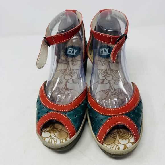 Fly London Ydel Teal and Red Leather Wedge Sandals Size 39 - Picture 4 of 13